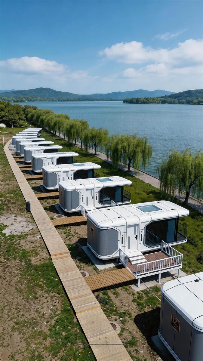Installed space capsule cabins beside a lake