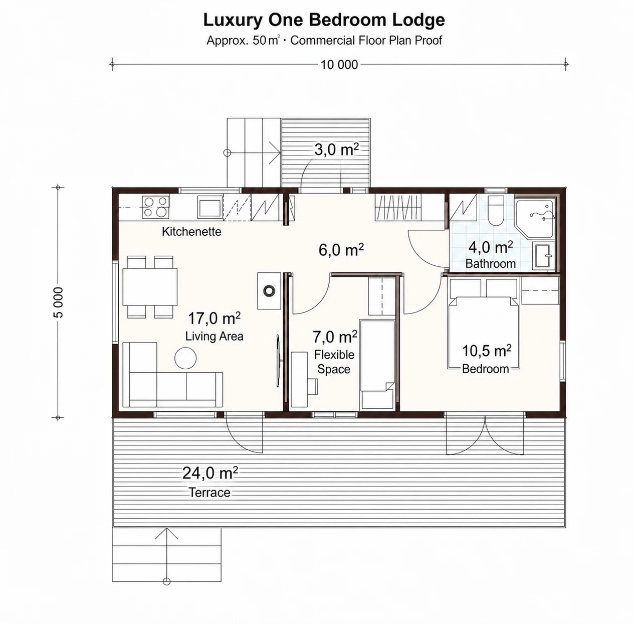English commercial floor plan proof for the Luxury One Bedroom Lodge, Approx. 50 square metres