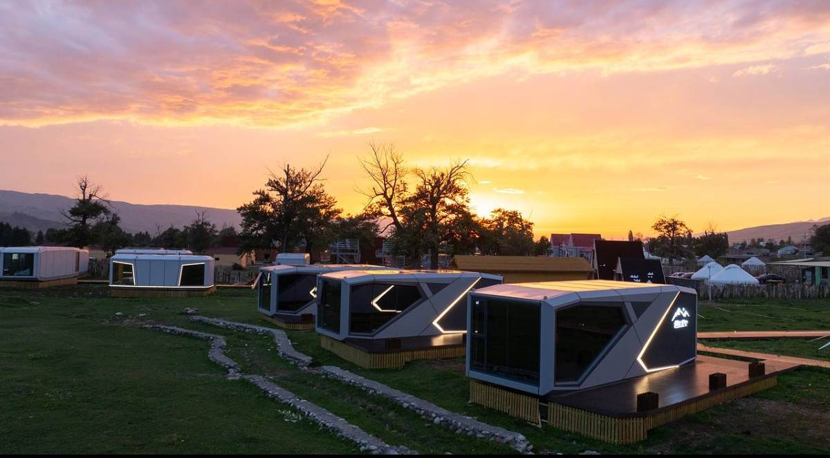 Real capsule cabin project at sunset