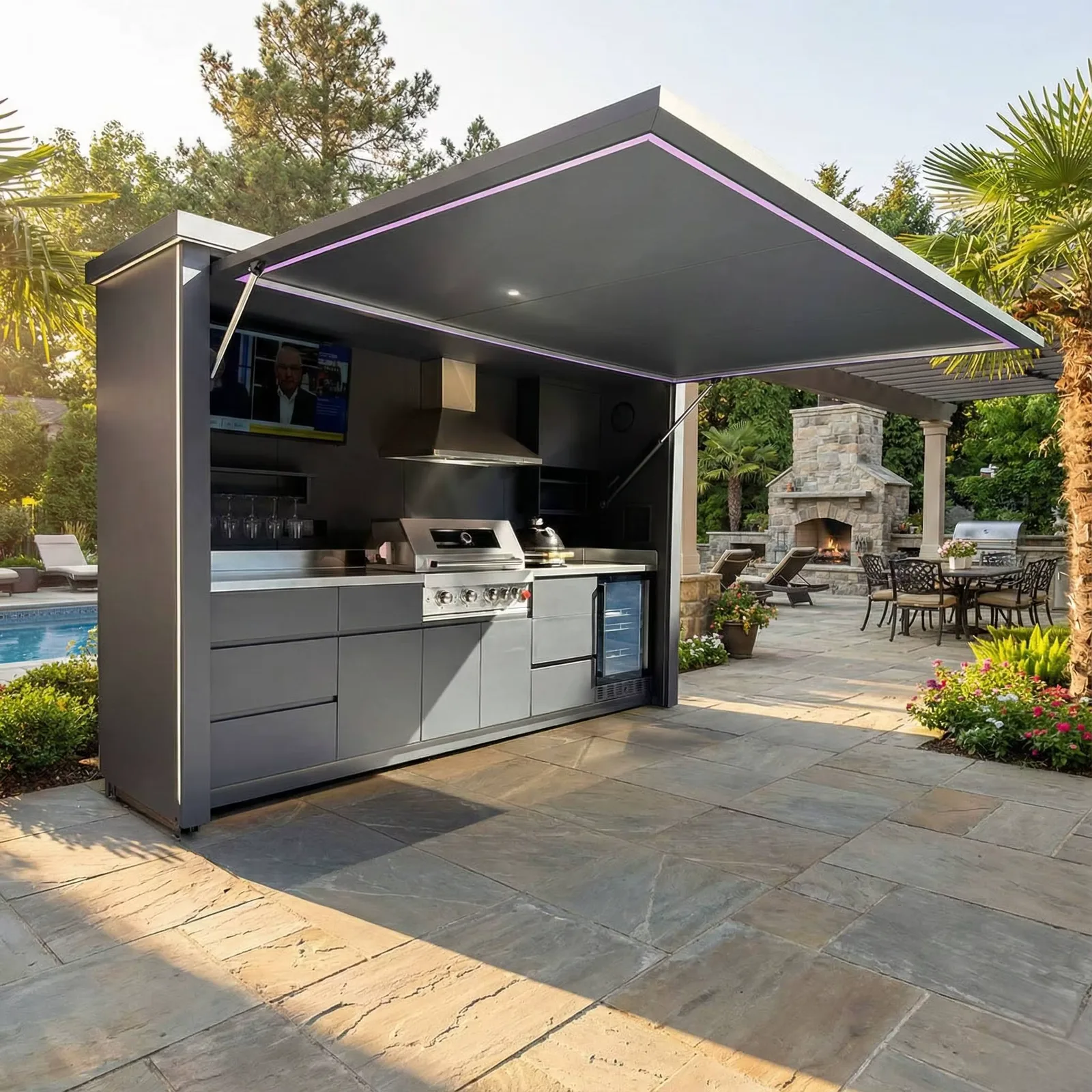 Outdoor kitchen arranged beside a landscaped terrace