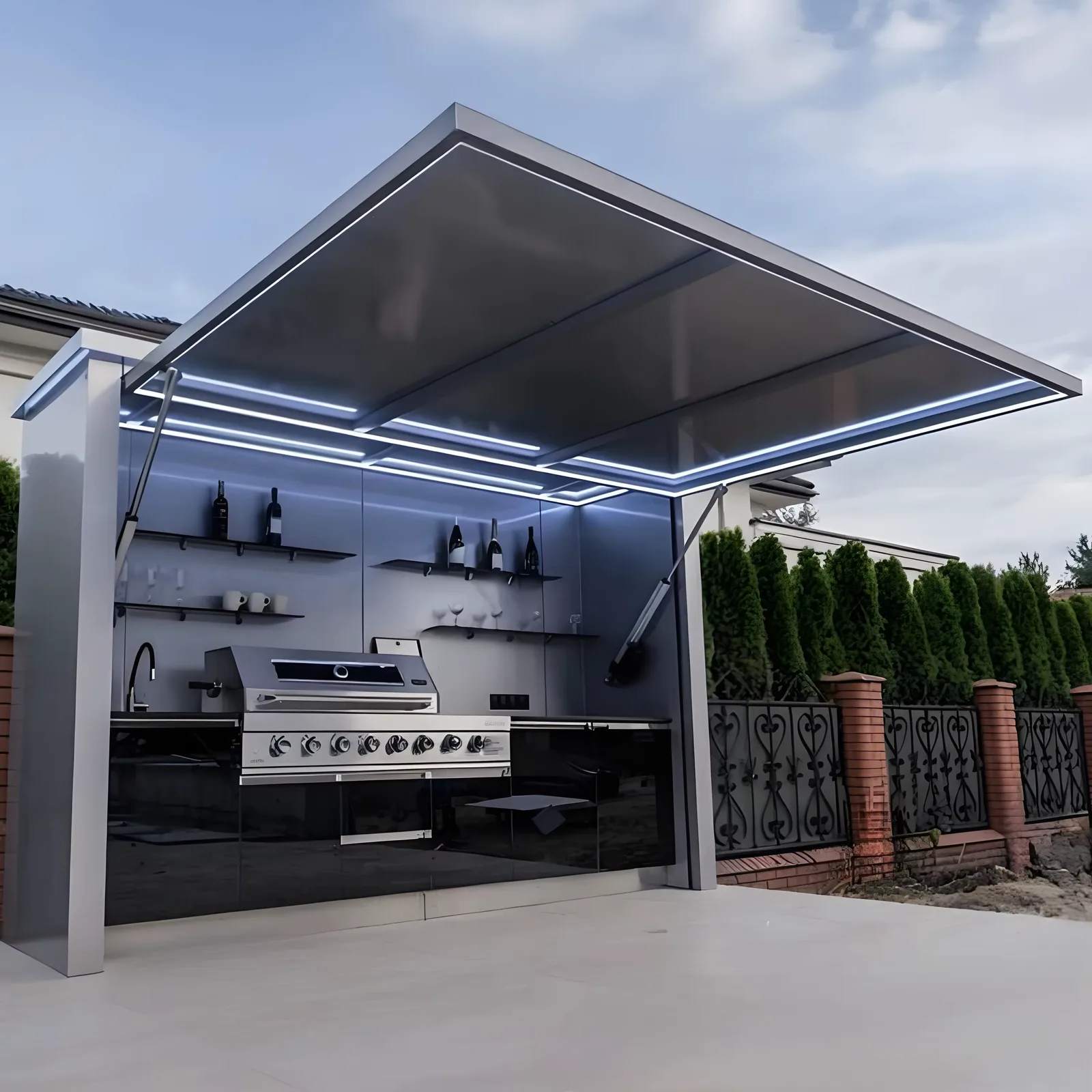 Closable outdoor kitchen with a lift-up awning in an outdoor garden setting