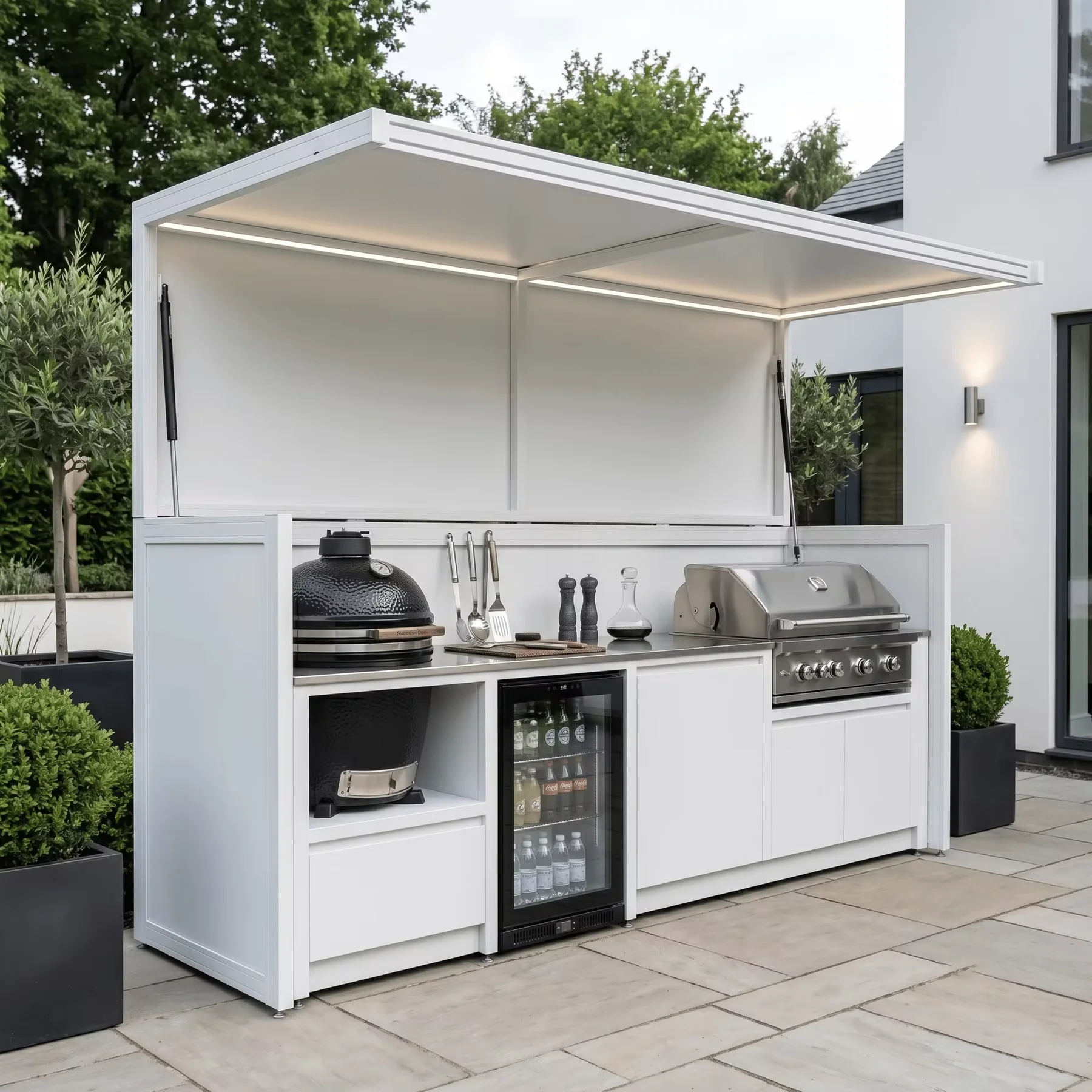 Light painted awning-style outdoor kitchen in a modern terrace setting