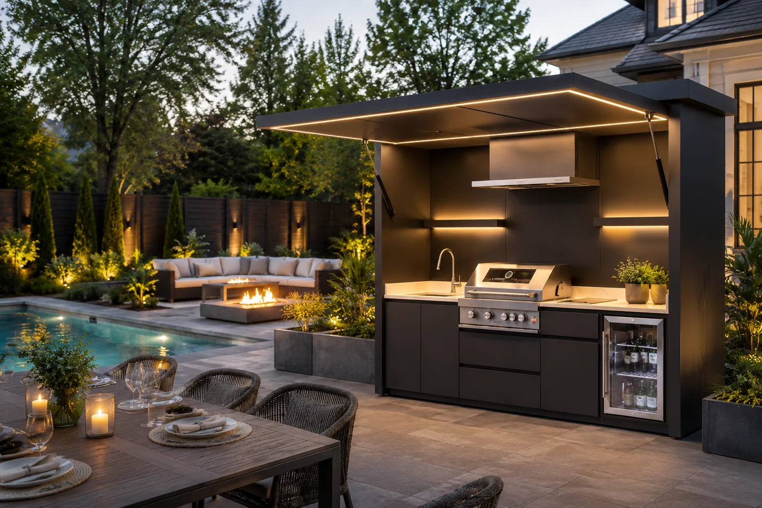 Closable awning-style outdoor kitchen with lift-up canopy, BBQ grill, sink, storage cabinets and refrigerator
