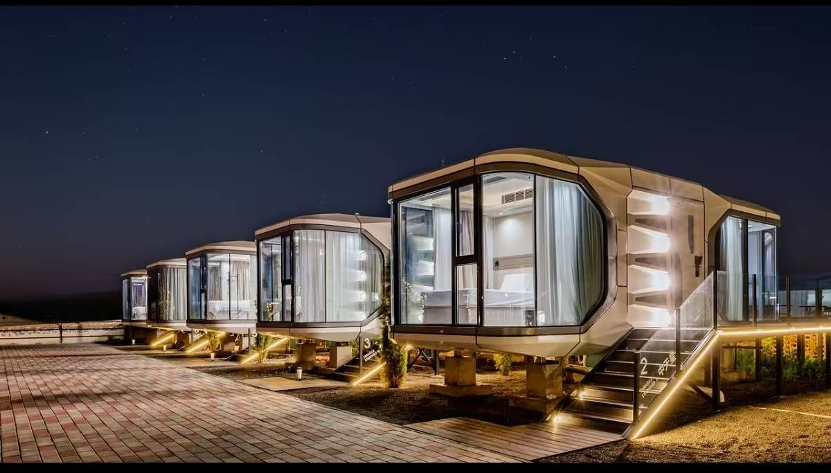 Installed space capsule cabins at night